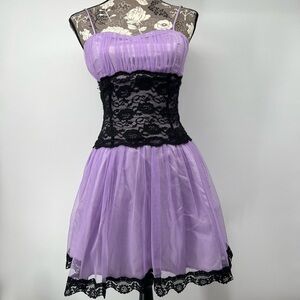 Deb brand purple party dress with black lace detail